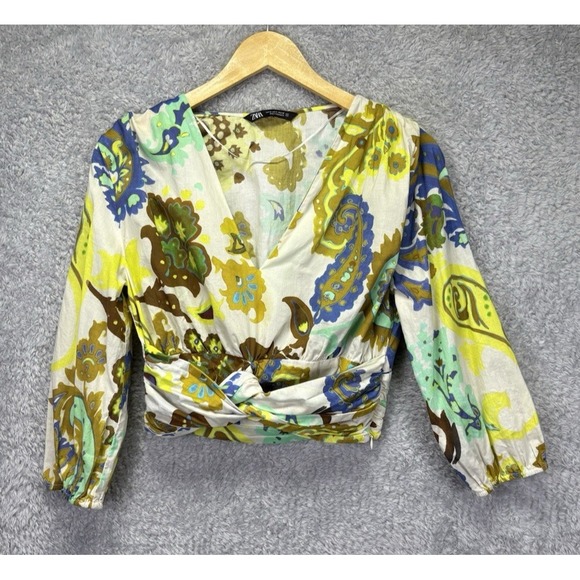 Zara Tops - Zara Womens Long Sleeve Twist Front Crop Top Medium Paisley Boho V Neck Fitted